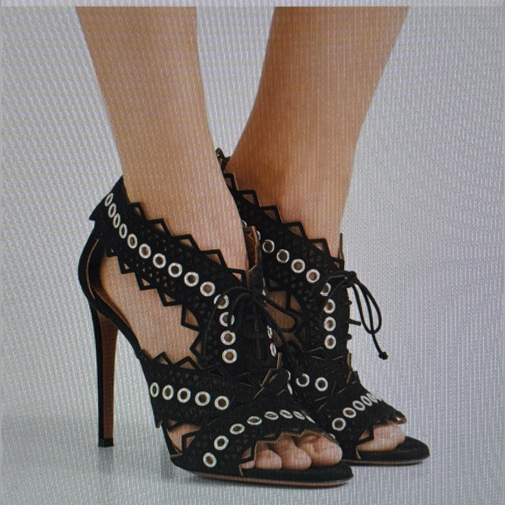 Alaia Black Lasercut‎ Cutout Studded Open Toe Heels